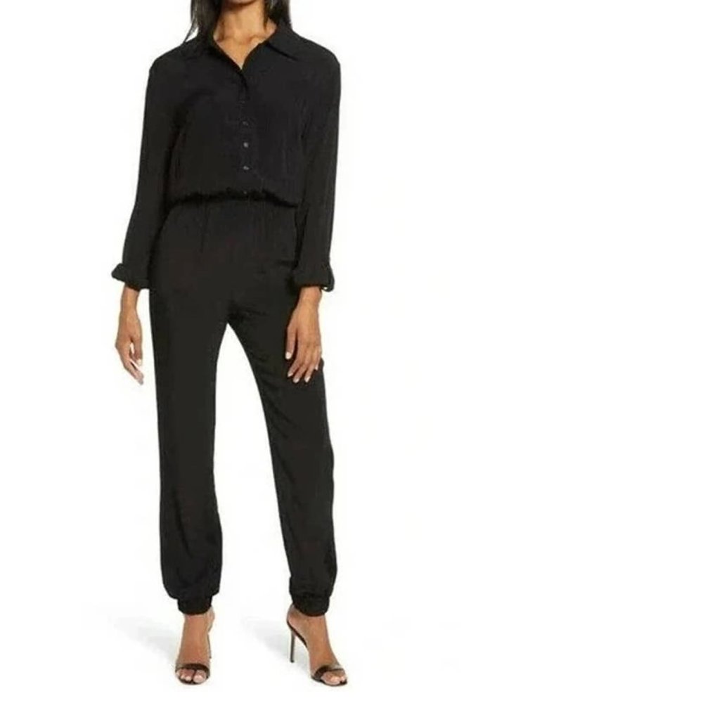 Fraiche By J Long Sleeve Button Front Jumpsuit